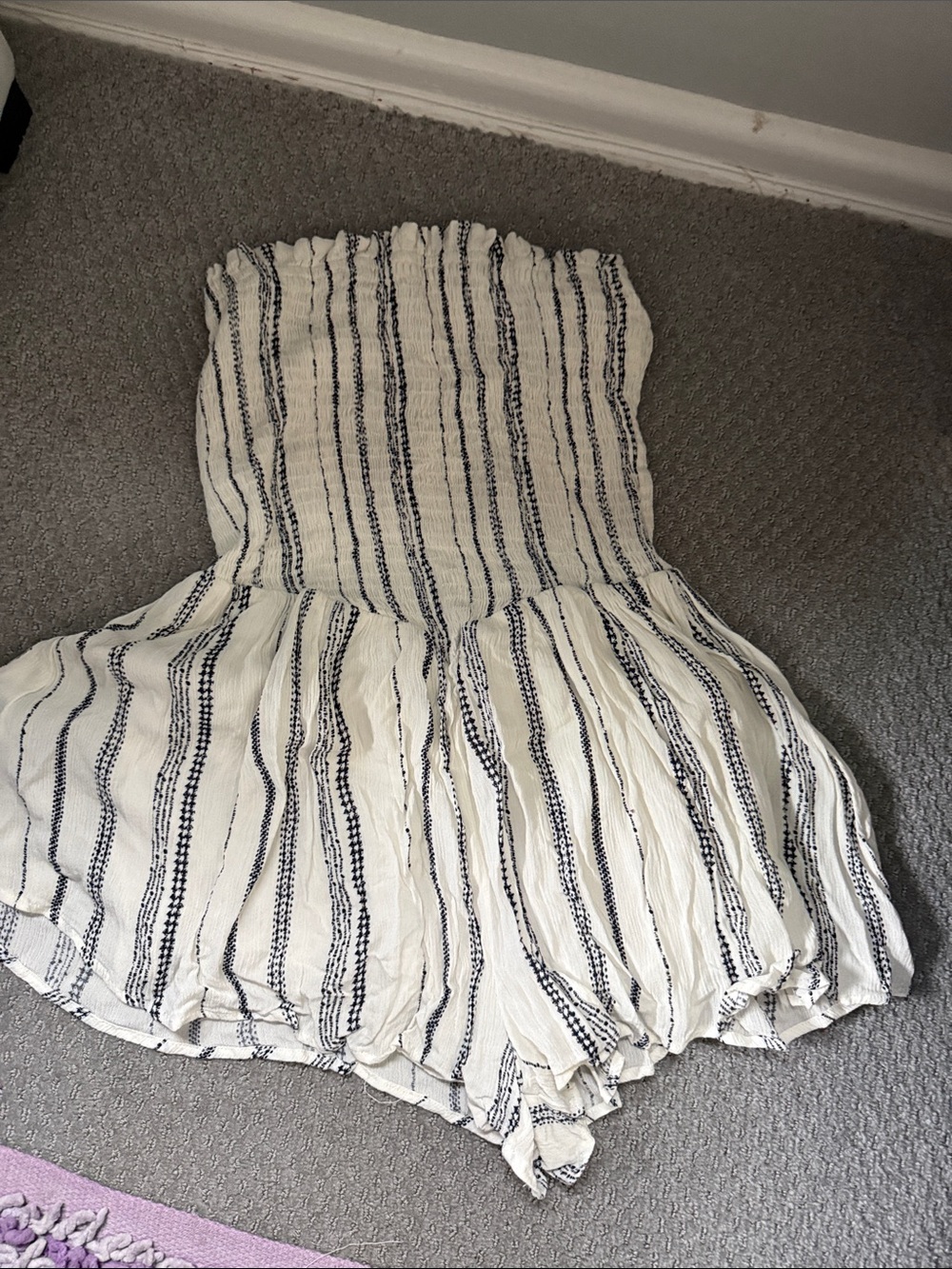 Cotton Candy Cream Strapless Romper with Navy Stripes